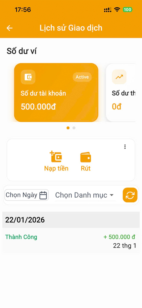 Alo Go - Đặt Food - Gọi Xế - Transaction history and wallet balance interface of the Alo Go mobile app