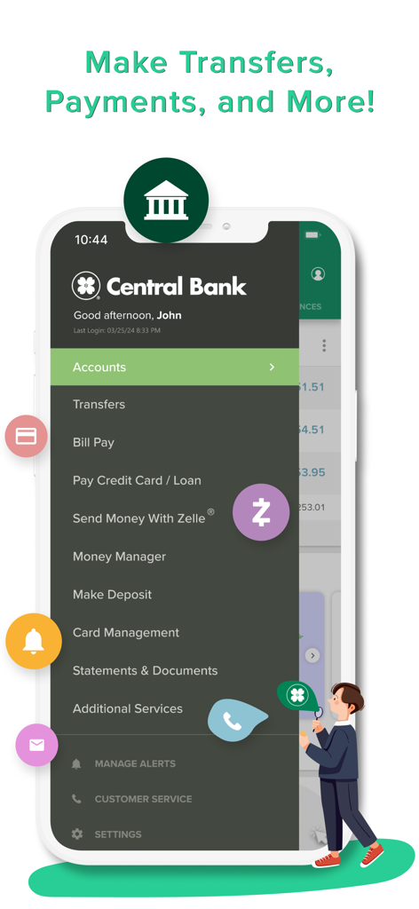 Central Bank - Mobile - The Central Bank mobile app navigation menu showing features like Transfers, Bill Pay, Zelle, and Card Management.