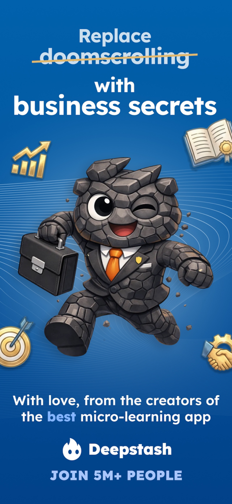 Empirio: Learn Business - Promotional screen for Empirio app featuring a business mascot in a suit and the slogan Replace doomscrolling with business secrets
