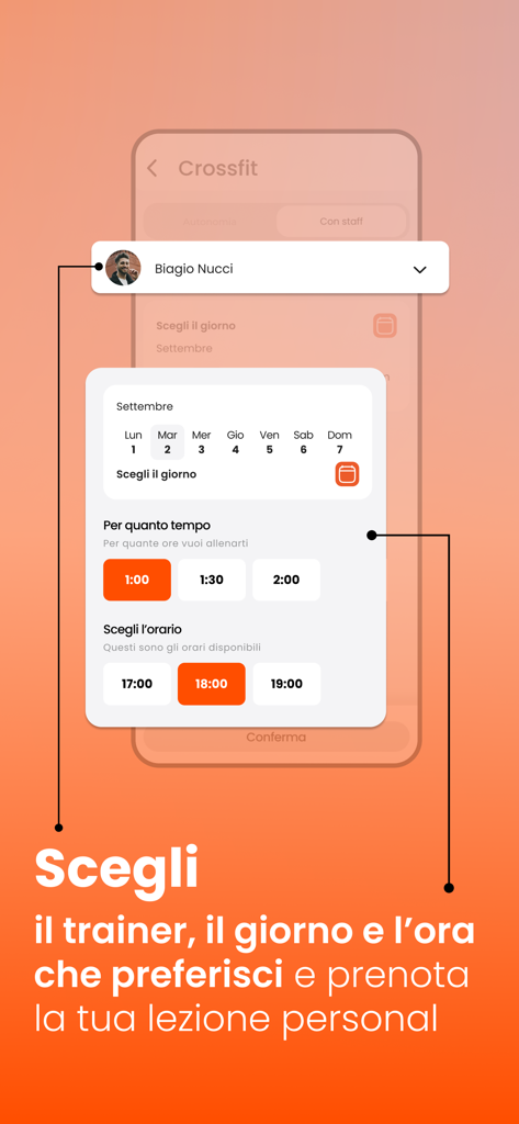 Mobile app interface for booking a gym session by selecting a trainer date and time
