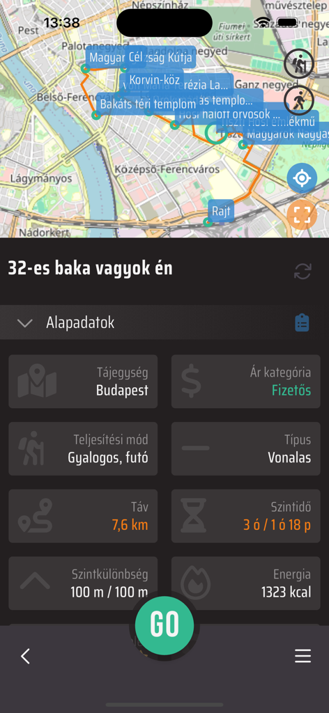 GeoGo - GeoGo mobile app screen showing a map route and fitness data for a hike in Budapest