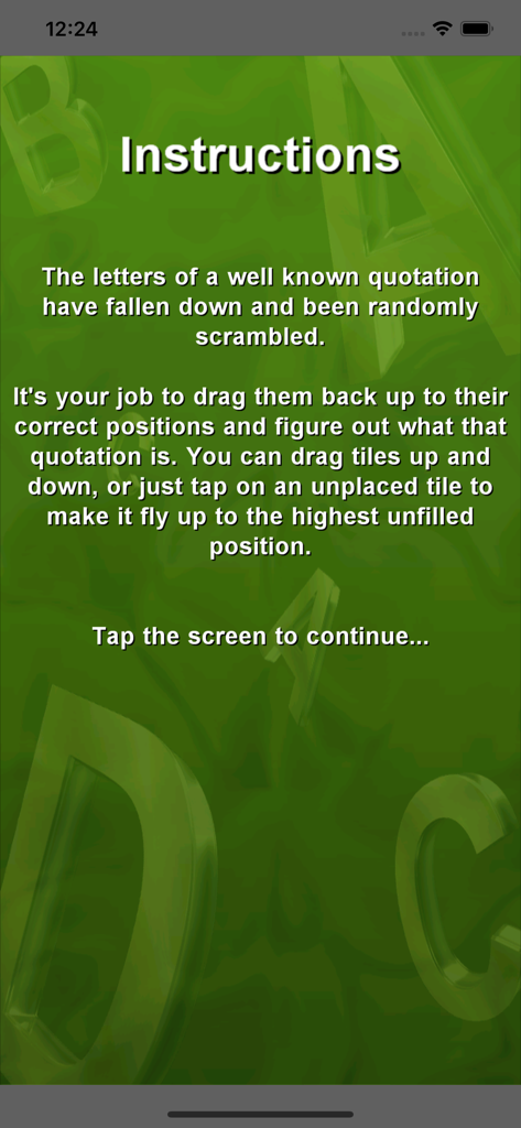Topple! - Instructions screen for Topple word game explaining how to solve scrambled quotation puzzles