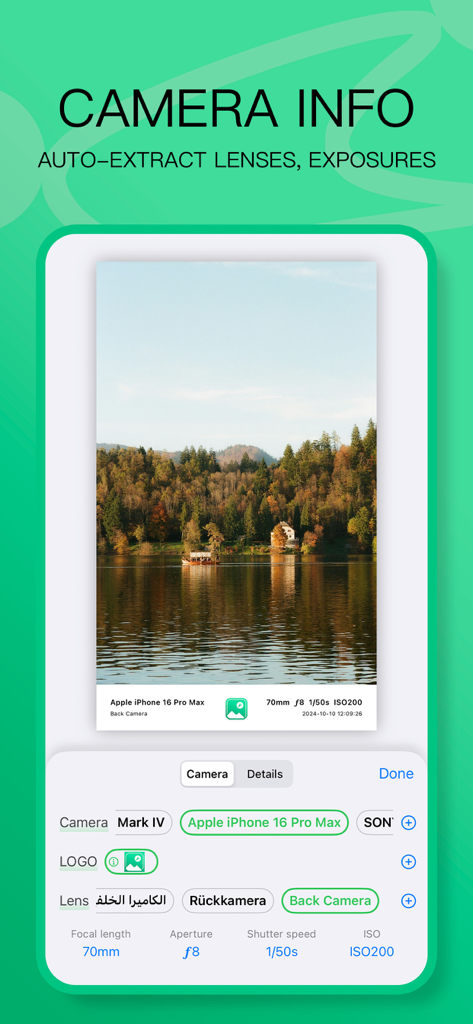 Interface of PicTool app displaying camera model and exposure settings for a photo