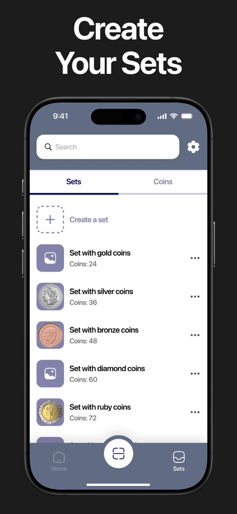 Interface of the Coin Identifier app showing organized coin collection sets such as gold silver and bronze coins