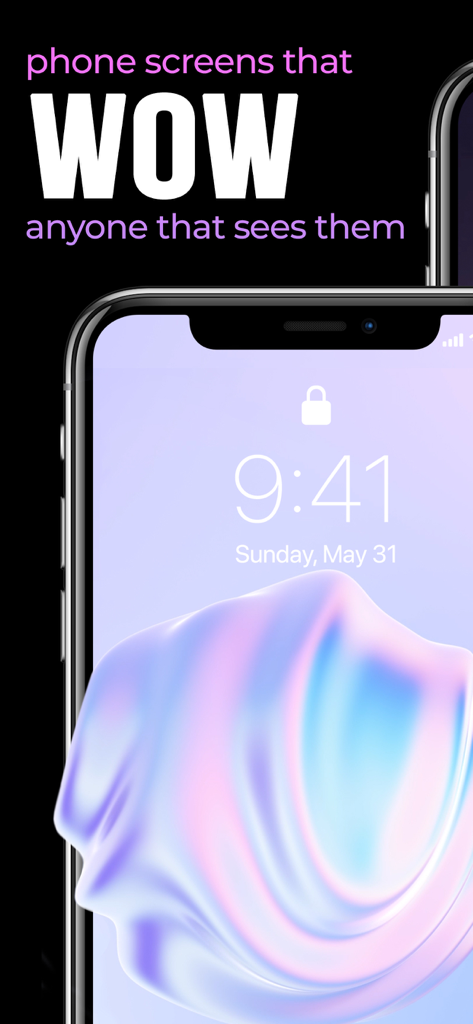 「phone screens that WOW」というキャプションが付いた、iPhoneロック画面上の美しい3D抽象流体ライブ壁紙