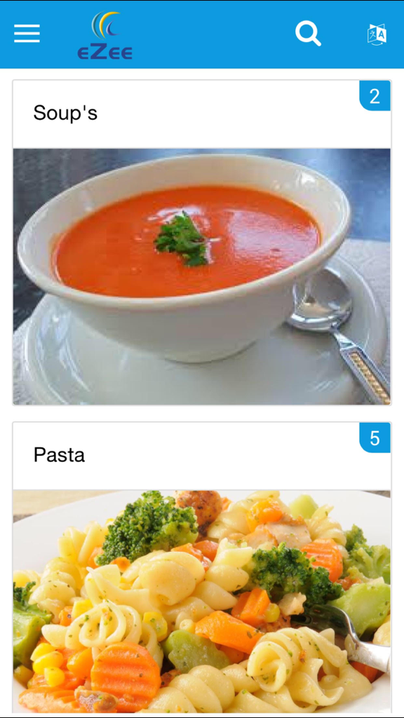 Digital restaurant menu interface showing soup and pasta dish categories