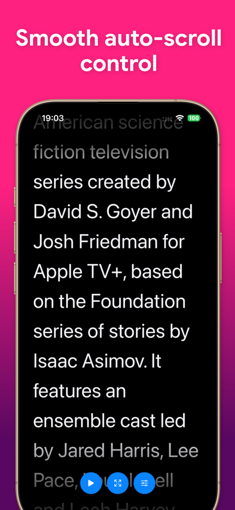 Teleprompter - Video Recording - Una pantalla de smartphone que muestra la función de desplazamiento automático fluido para leer guiones en la aplicación Teleprompter