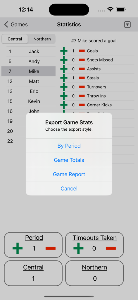 Interface of the Soccer Statistic app showing player statistics and export game stats options.