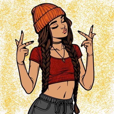 realistic teenage girl with braids and a beanie and crop top doing 🫶🏼