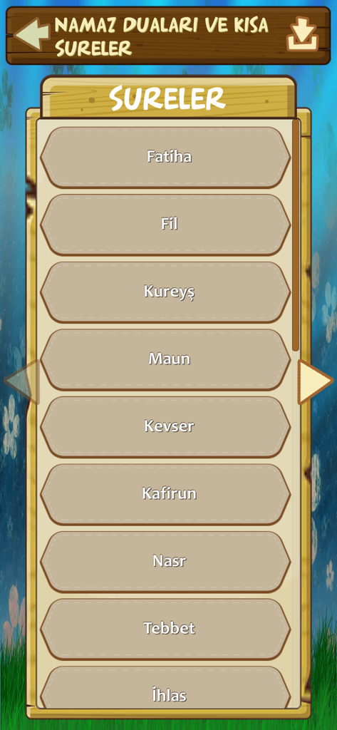 Muezzin Prayer Time Azan - A list of short Quranic Surahs in Turkish including Fatiha and Fil within the Muezzin app interface