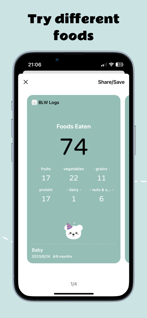 BLW Diary - Un écran de résumé dans l'application BLW Diary montrant 74 aliments totaux mangés par un bébé avec une répartition par catégories comme les fruits et légumes