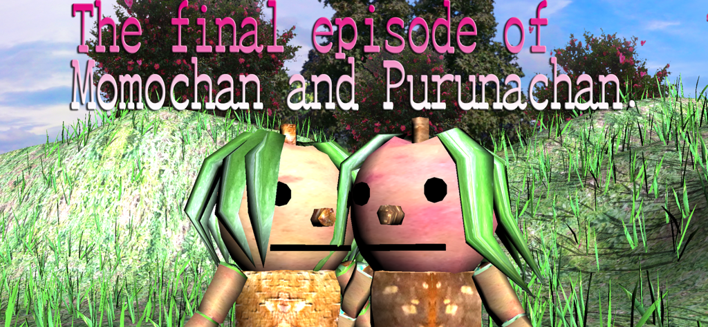 Personagens Momochan e Purunachan em pé em um campo para o episódio final do jogo