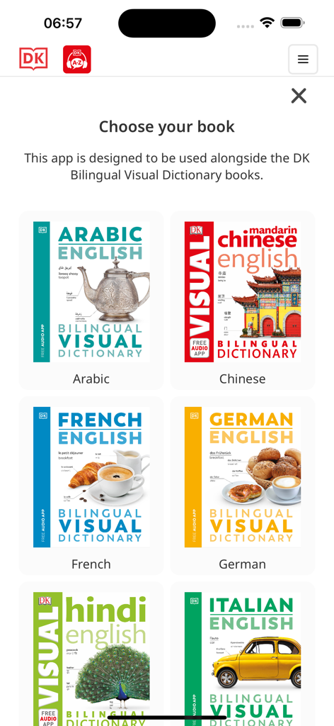 DK Bilingual Visual Dictionary - The Choose your book screen in the DK Bilingual Visual Dictionary app displaying various language options