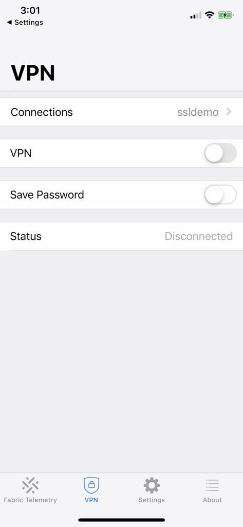 FortiClient - Interfaccia di configurazione VPN di FortiClient che mostra le opzioni di connessione e lo stato disconnesso