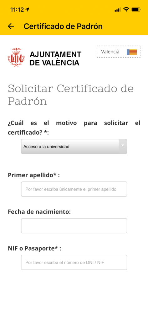 Interface do aplicativo móvel AppValència mostrando um formulário digital para solicitar um certificado de registro de residência