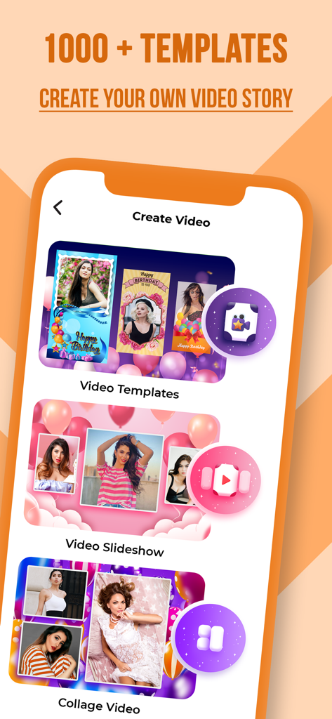 Interfaz de la aplicación Bday Video Maker mostrando opciones para plantillas de video, presentaciones de video y videos de collage con un encabezado que menciona más de 1000 plantillas.