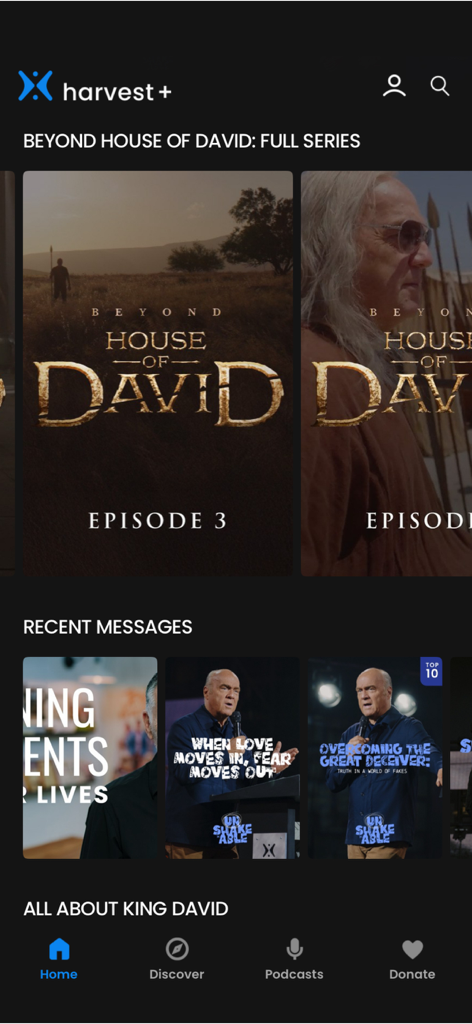 Harvest+ - Home screen of the Harvest Plus app featuring the series Beyond House of David and sermons.
