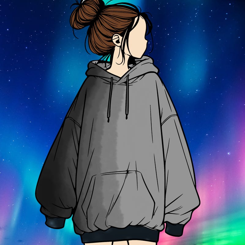 realistic girl with a oversized sweatshirt on and a bun