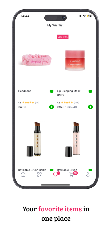 Schermata 'La mia Wishlist' dell'app Boozyshop che mostra prodotti beauty e skincare preferiti, inclusa la maschera labbra Laneige