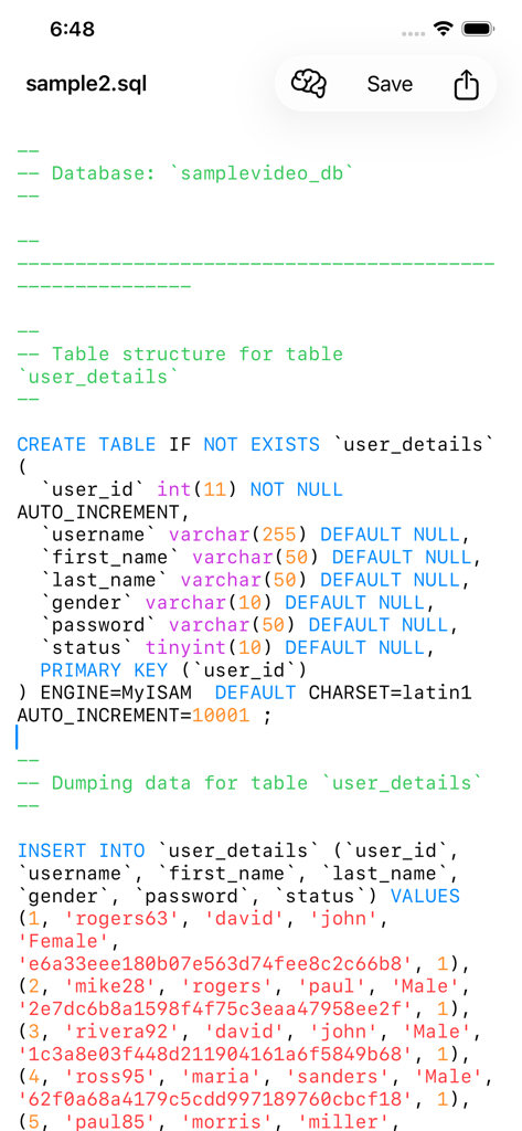 Aplicativo móvel SQL Editor Lite mostrando um script SQL com realce de sintaxe.
