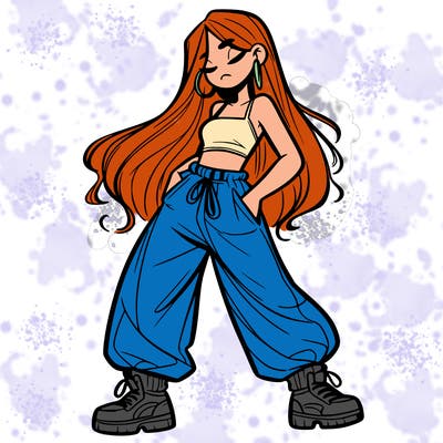 girl in baggy pants crop top and long hair