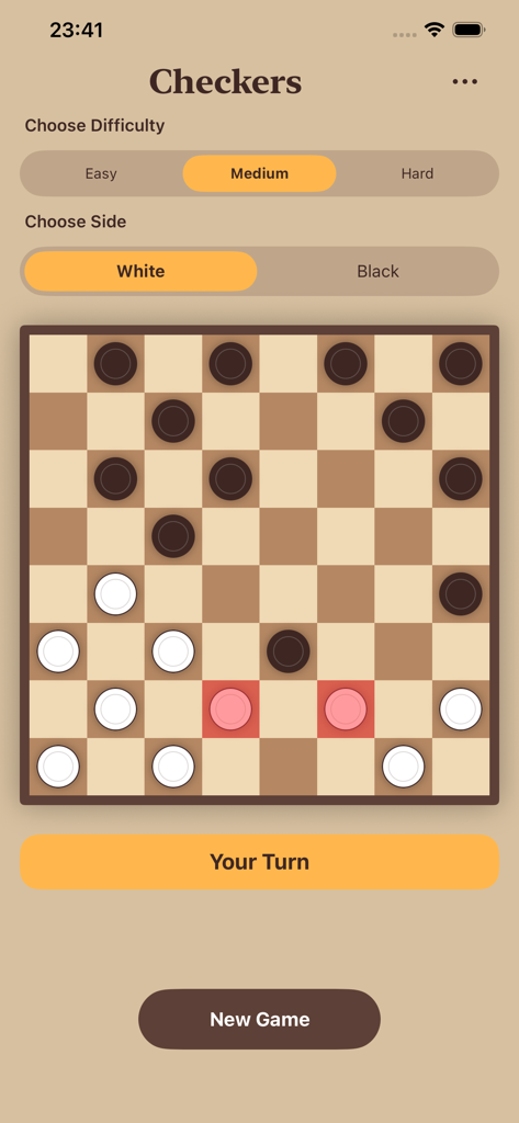 Checkers with Ai - Pantalla de juego de damas móvil que muestra el tablero y los ajustes de dificultad.