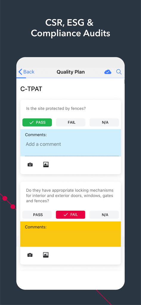 Pivot88 - Pivot88 mobile app screen showing a CSR ESG and compliance audit checklist for site security
