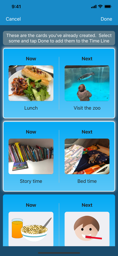 Una pantalla de selección para elegir tarjetas de horario visual de Now and Next que muestran varias actividades diarias con fotos e ilustraciones.
