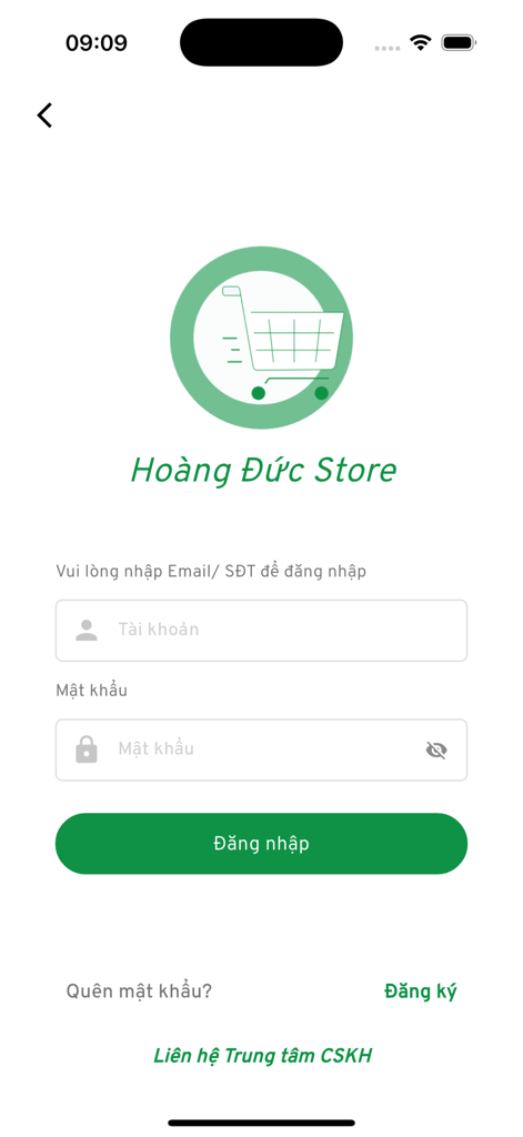 Hoàng Đức - Hoang Duc Store mobile app login screen featuring fields for username and password
