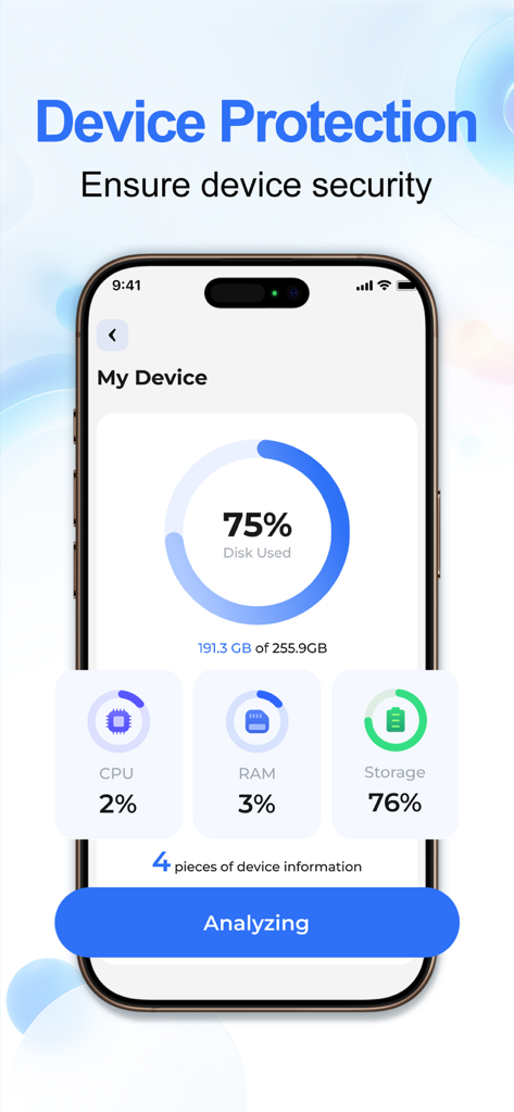 AI Cleaner：Phone Cleaner - AI Cleaner app interface showing device protection status with storage and system performance metrics