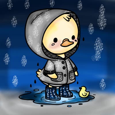 baby duck in a rain coat and boots, in a puddle while it’s raining