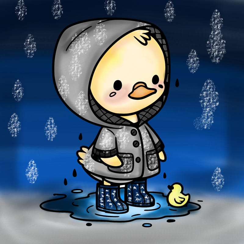 baby duck in a rain coat and boots, in a puddle while it’s raining
