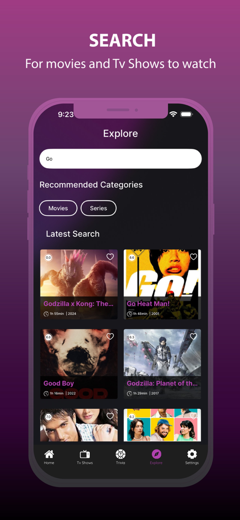Cinema HD - Movies & TV Shows - 최신 영화 검색 결과를 보여주는 Cinema HD 앱의 검색 및 탐색 화면