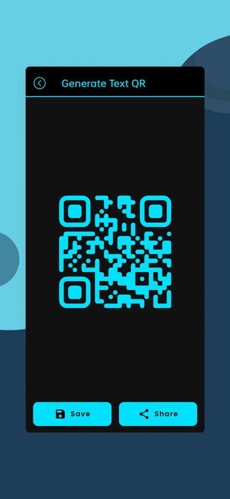 QR Verse - QR Code Generator - Interface of the QR Verse app showing a generated cyan text QR code with Save and Share buttons