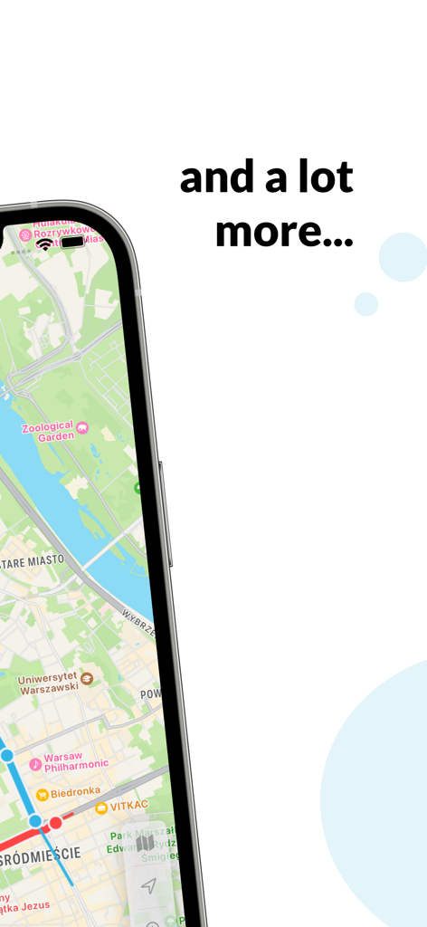iPhone screen displaying the mobileMPK app with a detailed transit map of Warsaw Poland