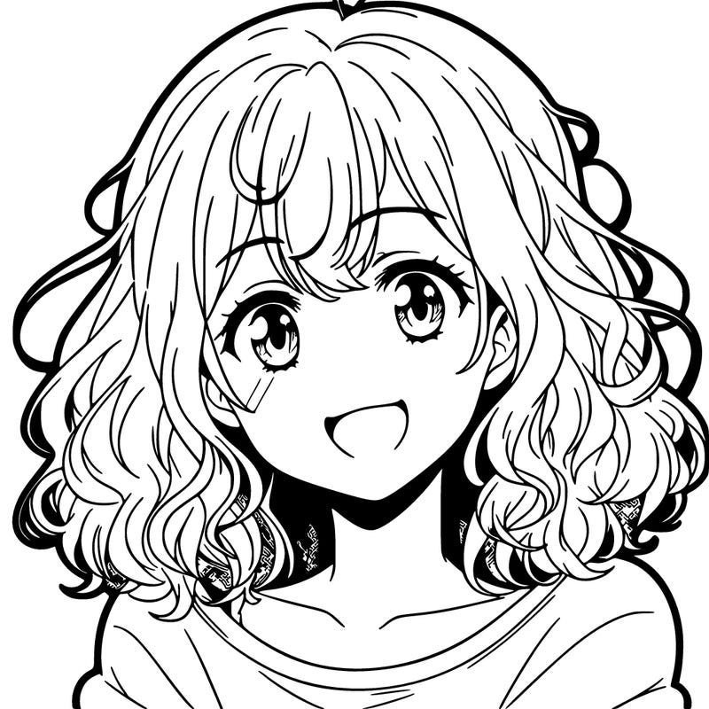 anime girl smiling with medium length curly hair