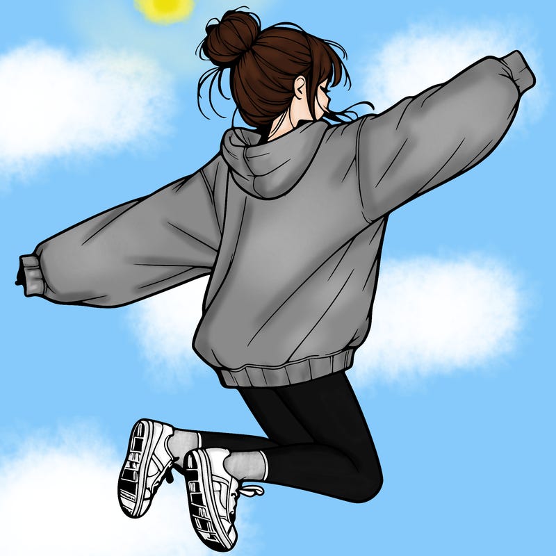 realistic girl jumping with a bun and oversized sweatshirt
