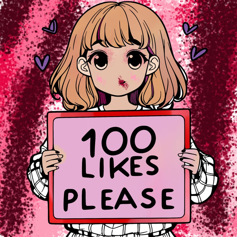a girl holding a sign saying 100 likes please