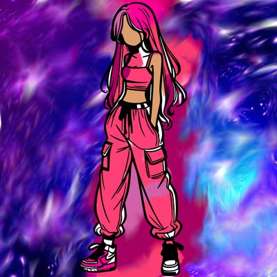 girl in baggy pants crop top and long hair