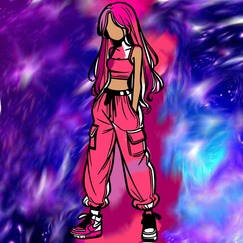 girl in baggy pants crop top and long hair