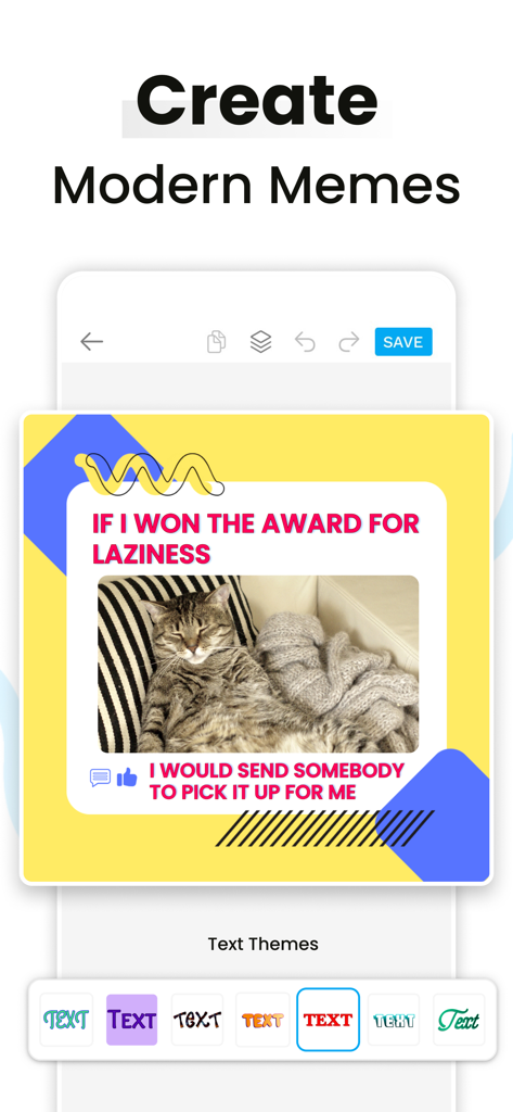 Social Media Post Maker - A social media post maker app interface showing a cat meme and various text theme options