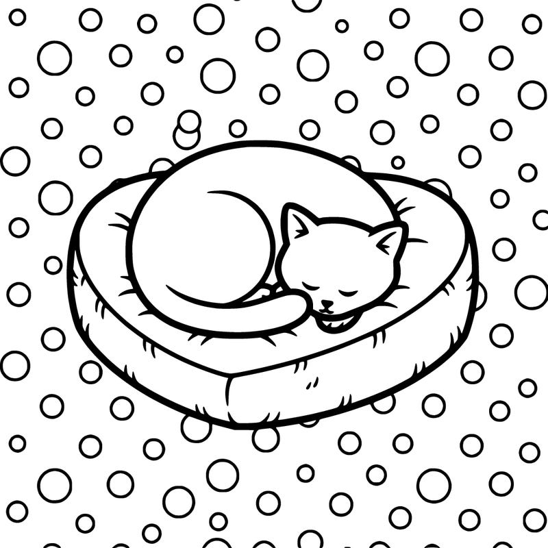 a cat sleeping on a heart shaped cat bed with a polka dot backround