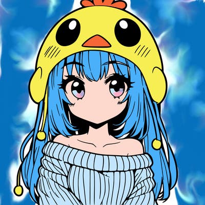 anime girl with chick shaped hat with sweater with bare shoulders with bangs covering them one eye with low tail