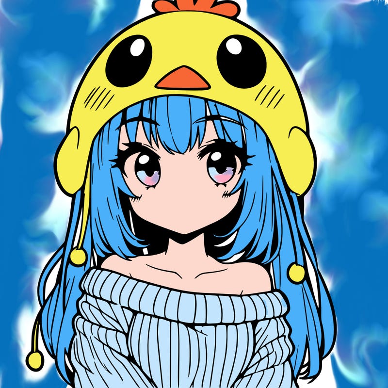 anime girl with chick shaped hat with sweater with bare shoulders with bangs covering them one eye with low tail