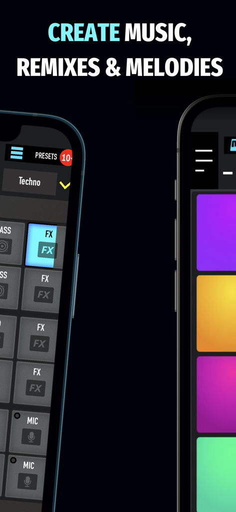Benutzeroberfläche der Mixpads DJ-Mixer-App mit bunten Drum-Pads und Audioeffekten für die Musikproduktion.