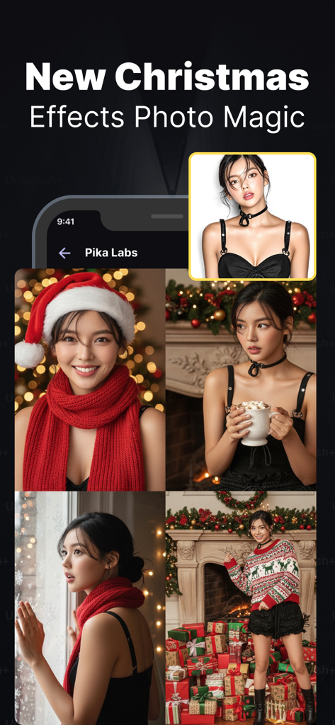Pika Labs app interface displaying a woman's portrait transformed into multiple AI generated Christmas themed photos