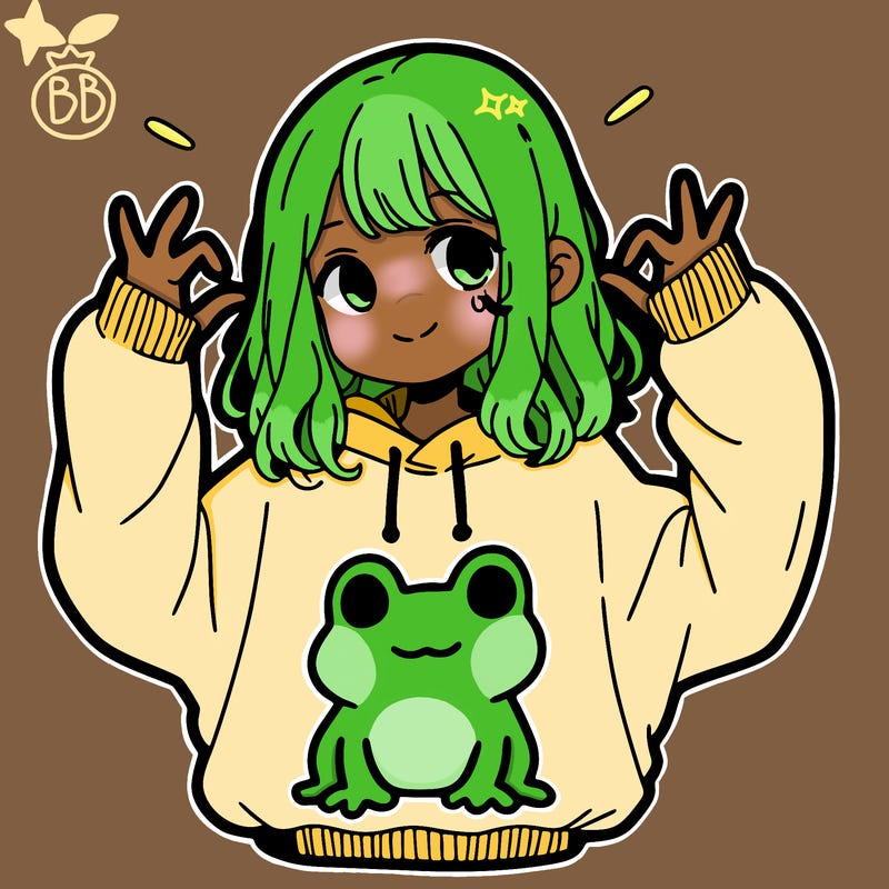 girl wearing frogging sweatshirt