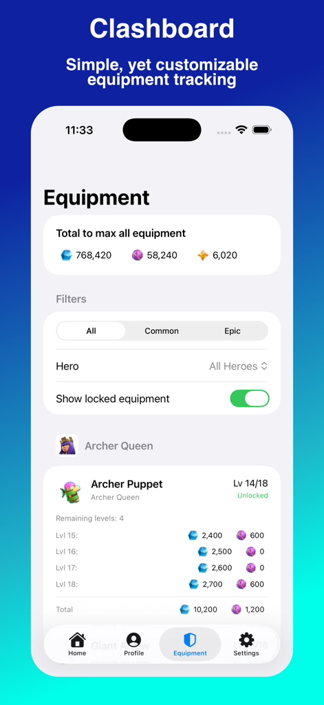 Clashboard - Interface de l'application Clashboard affichant les coûts d'amélioration de l'équipement des héros dans Clash of Clans et le suivi.