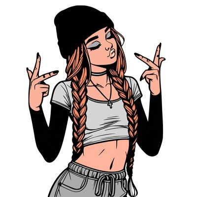 realistic teenage girl with braids and a beanie and crop top doing 🫶🏼