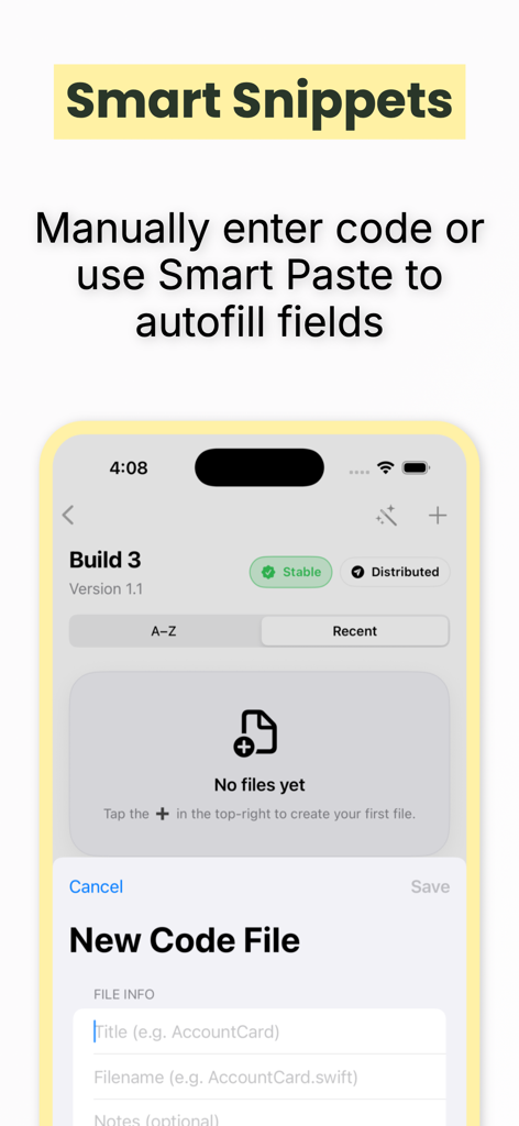 BuildBox app interface showing the smart snippets feature for creating new code files